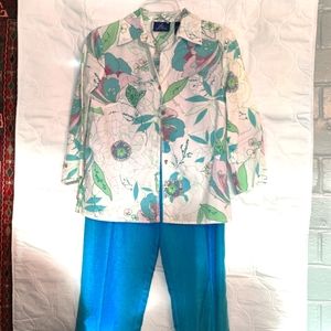 Floral button down and blue pants